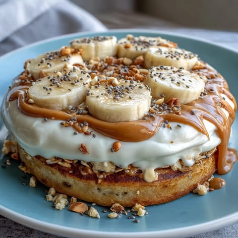 High-Protein Breakfast Pizza Bowl with fluffy baked pancake base, sliced bananas, and a sprinkle of chia seeds for texture.