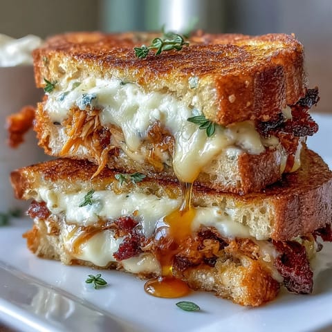 Two halves of a Goat Cheese & Hot Honey Chicken Grilled Cheese stacked beside fresh arugula and a small bowl of hot honey.
