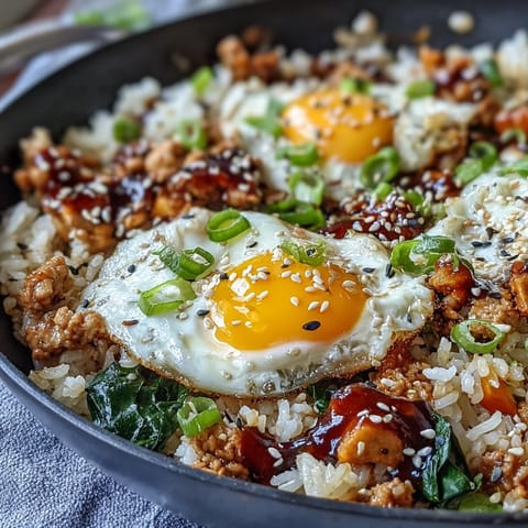 A close-up shows fluffy white rice and sautéed carrots coated in a rich, creamy red sauce, highlighting the savory ground turkey and glossy jammy egg yolks in this Korean fusion dish.