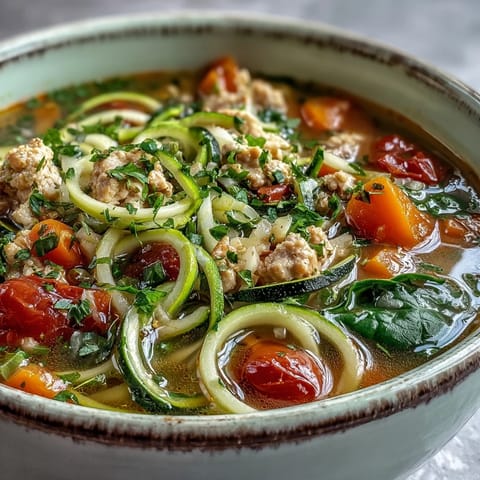 A close-up of Turkey and Veggie Zucchini Noodle Soup featuring ground turkey, carrots, and bright spinach.