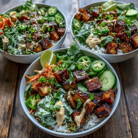 Fresh jalapeño slices, cilantro, and sesame seeds garnish these colorful Vegan Crispy Tofu Banh Mi Bowls with Pickled Veggies.