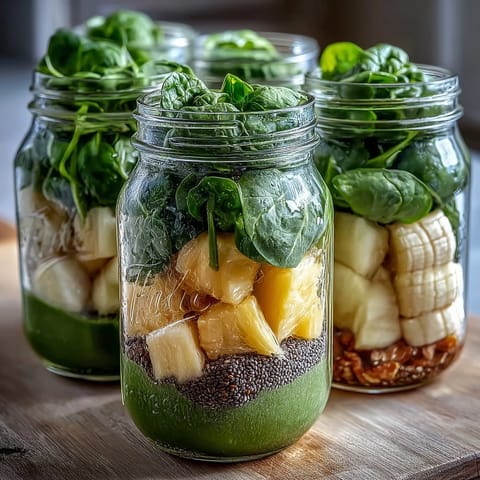 Four layered Green Smoothie Meal Prep Jars with pineapple and spinach, filled and ready to refrigerate.