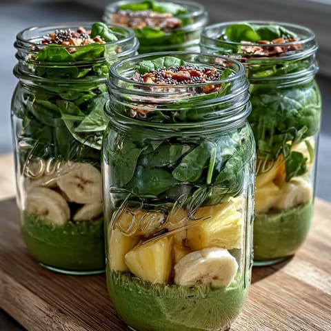 A single Green Smoothie Meal Prep Jar blended with pineapple and spinach, poured into a glass with mint.