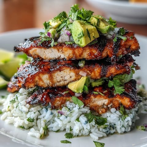 Vibrant honey lime-marinated chicken breast layered over fluffy rice with creamy avocado and cilantro mix.  