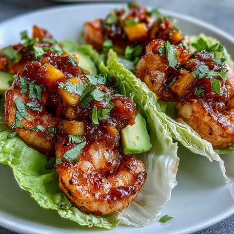 Lightened-Up Mango Salsa Shrimp Lettuce Tacos with juicy shrimp and fresh mango salsa in crisp lettuce cups.