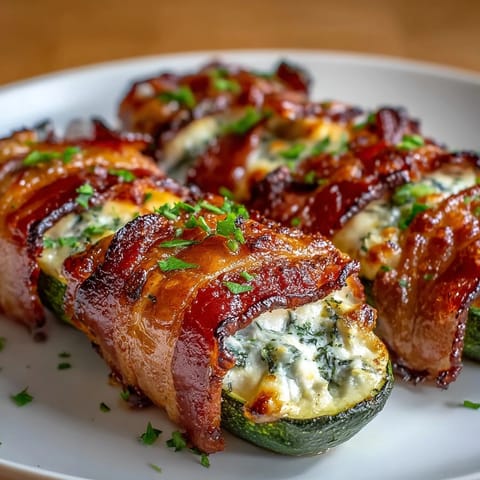 Keto bacon-wrapped zucchini boats filled with creamy herb cheese and baked until golden and crispy.  