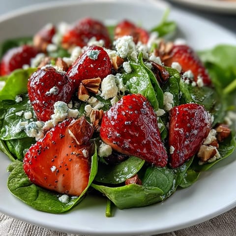 Fresh baby spinach tossed with juicy strawberries, crumbled feta, and toasted almonds, topped with homemade poppy seed dressing.  