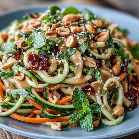 Colorful spiralized zucchini noodles and crisp vegetable ribbons shine in this refreshing Thai-inspired salad, drizzled with tangy peanut sauce and fresh herbs.  