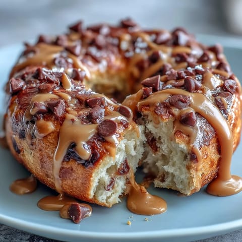 Chewy bagels filled with melty chocolate chips, drizzled with smooth peanut butter sauce for a satisfying post-workout snack.  