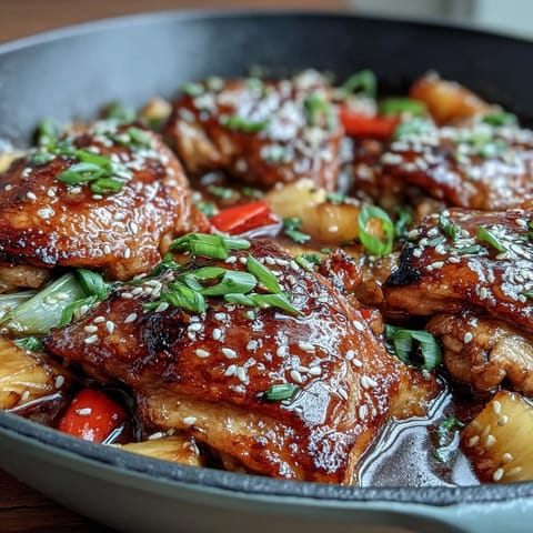 Sticky Honey Garlic Chicken Pineapple Skillet with tender glazed chicken, caramelized pineapple, and vibrant bell peppers in a savory-sweet sauce.