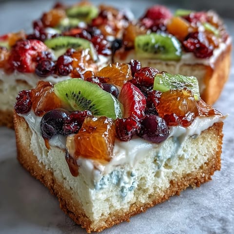 Festive dessert pizza with sugar cookie crust, smooth cream cheese frosting, and a rainbow of fresh seasonal fruits arranged in a cheerful pattern.  