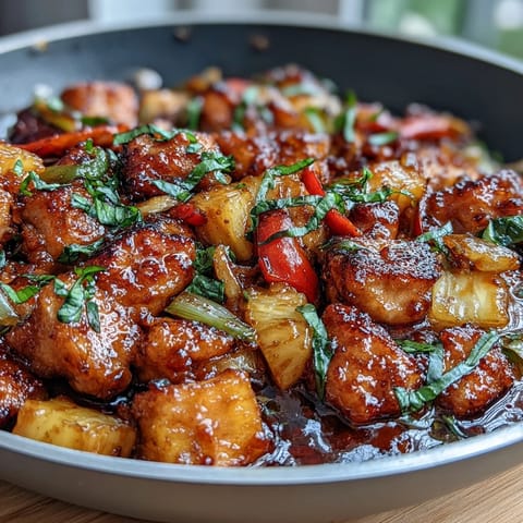 A vibrant one-pan sweet and sour chicken pineapple skillet loaded with vegetables and served bubbling hot for a quick dinner.  