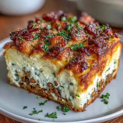 Rich lentil and mushroom filling topped with smooth mashed potatoes, baked to bubbling perfection in a classic comfort dish.  