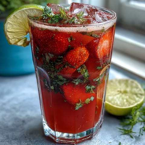 Vibrant strawberry basil lemonade with fresh fruit and herbs in a clear pitcher, garnished with lemon slices and basil leaves.