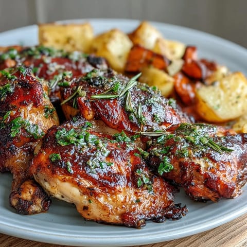 Golden-brown chicken drumsticks roasted with crispy potatoes and tender carrots, seasoned with rosemary and thyme for a comforting family dinner.  