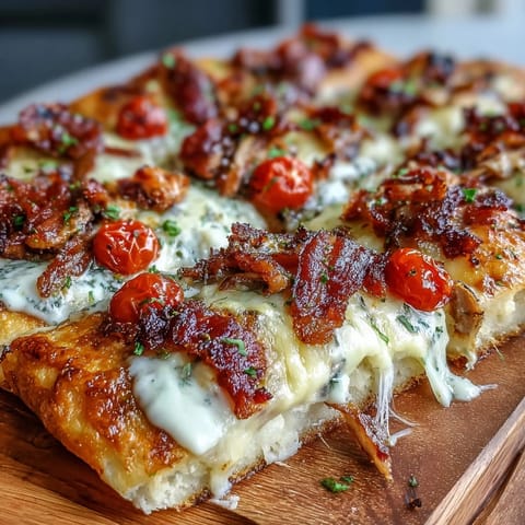 Kentucky Derby Hot Brown Flatbread Pizza with roasted turkey, crispy bacon, and creamy Mornay sauce on golden crust.