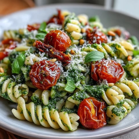 Vibrant summer pasta salad with pesto and cherry tomatoes, topped with parmesan shavings and lemon zest for a fresh, tangy flavor.