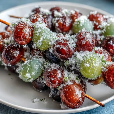 Frozen grape skewers with lime sugar, a refreshing summer treat with juicy, tangy-sweet frozen fruit.