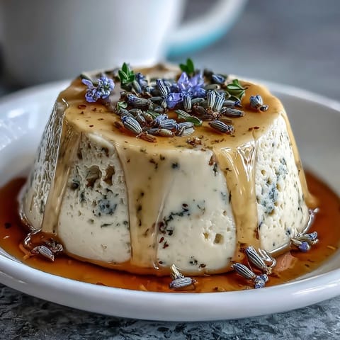 Aromatic honey lavender panna cotta in a glass, topped with a swirl of honey and delicate lavender buds.