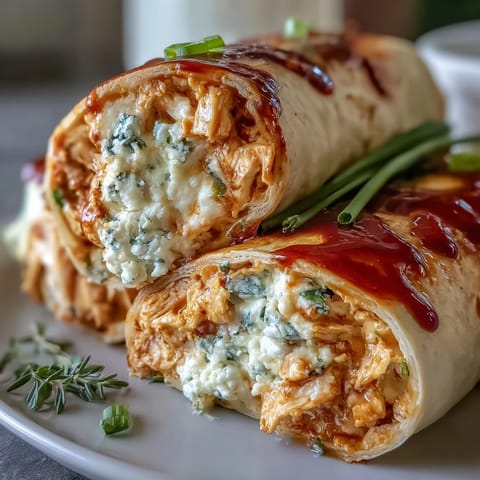 Spicy Buffalo chicken and creamy cheese filling wrapped in soft tortillas, sliced into colorful pinwheels for a zesty appetizer.