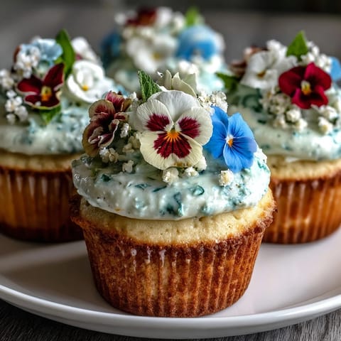 Delicate vanilla cupcakes topped with creamy buttercream and edible spring flowers for a festive dessert.  
