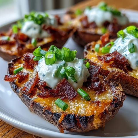 Crispy loaded sweet potato skins with smoky bacon, melted cheddar, and tangy sour cream—perfect for game day snacking.  