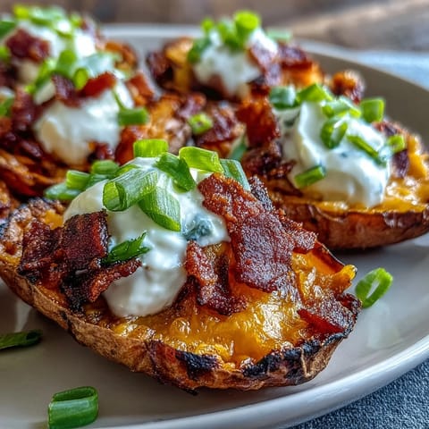 Golden-baked sweet potato skins stuffed with sharp cheddar, crumbled bacon, and a dollop of cool sour cream for a savory appetizer.  
