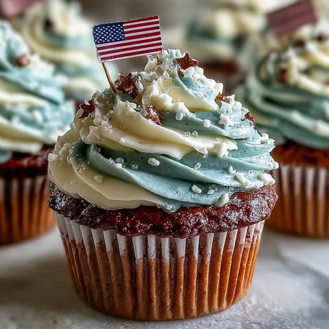 Festive Star-Spangled Banner Cupcakes crowned with edible flags, perfect for parties.