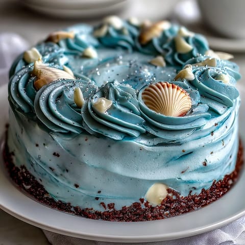 Moist vanilla Cancer Zodiac Cake with dreamy blue buttercream and sea treasures.