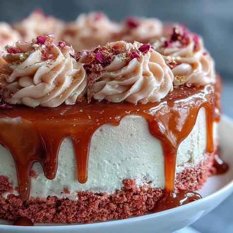 Decadent Bridal Shower Rosé Velvet Cake adorned with shimmering edible gold.