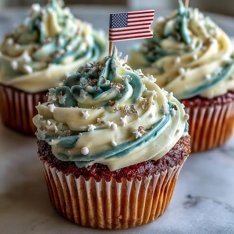 Star-Spangled Banner Cupcakes shimmer with patriotic red, white, and blue frosting swirls.