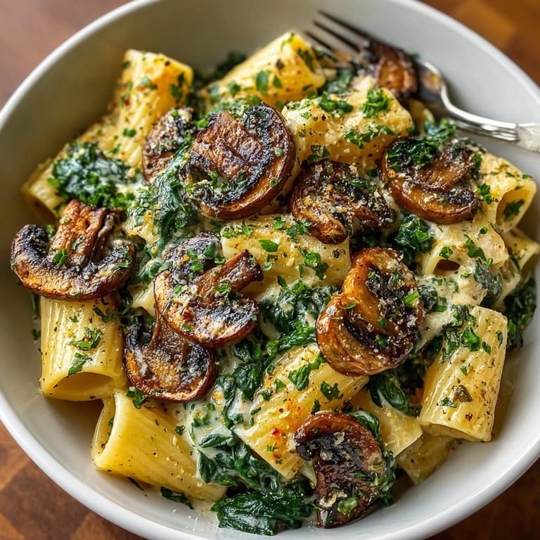 Easy One-Pan Creamy Mushroom &amp; Spinach Pasta recipe—smells divine, served warm with fresh herbs.