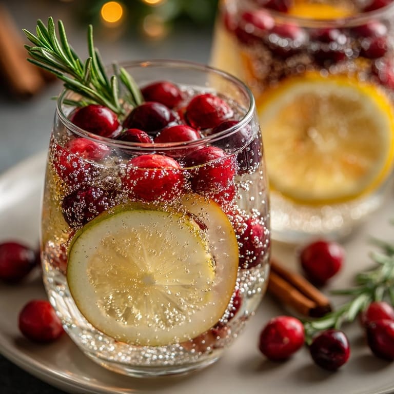 Refreshing, colorful Pear & Cranberry Sangria ingredients layered in a clear pitcher, ready to chill.