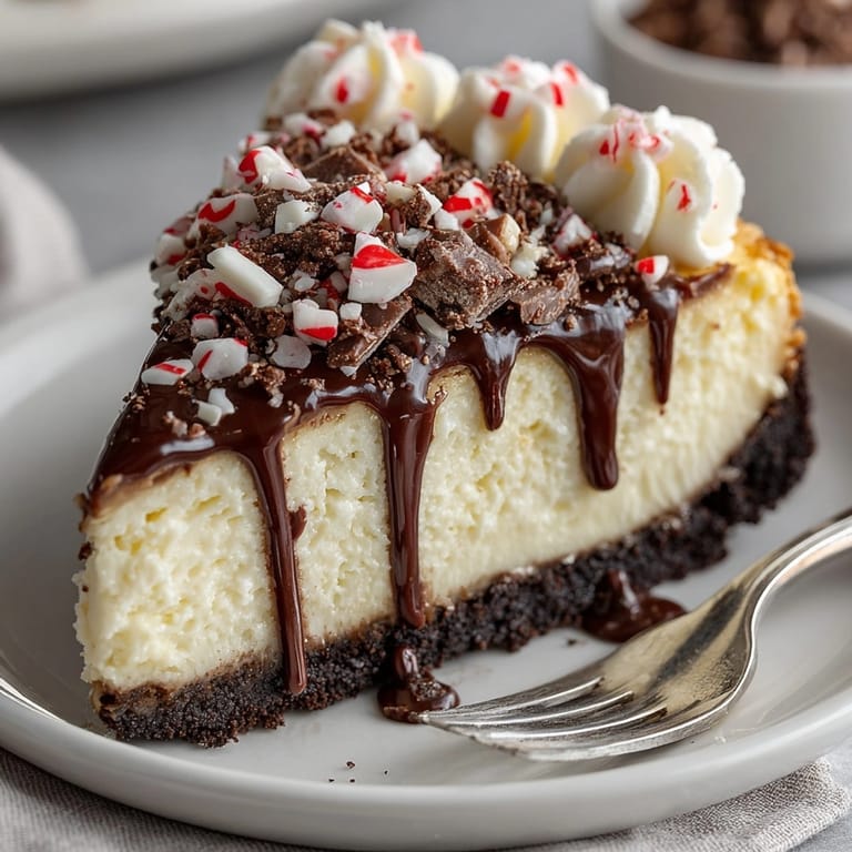 A slice of rich White Chocolate Peppermint Bark Cheesecake showing layers of peppermint, chocolate and crust.