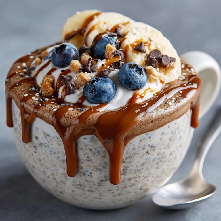 Cold mocha overnight oats, topped with chocolate and fruit, a healthy morning start.