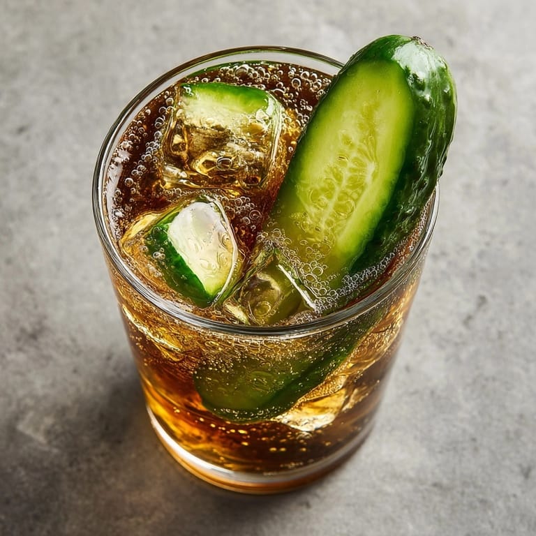 Close-up of funky Pickle Juice Cola; fizzy, tangy, and garnished—a daring treat!