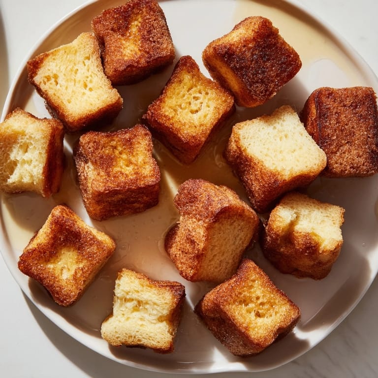 Close-up of sugared Cinnamon Brown Sugar French Toast Bites, served on a white plate.