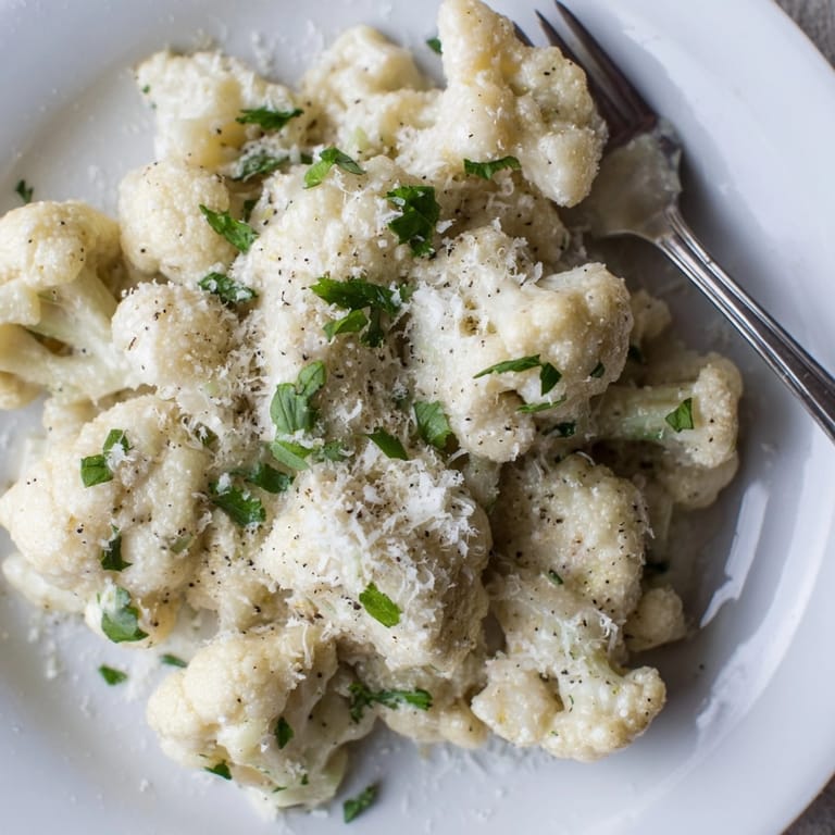 Hot Alfredo Cauliflower Garlic Skillet, sprinkled with parsley, is easy keto comfort food.