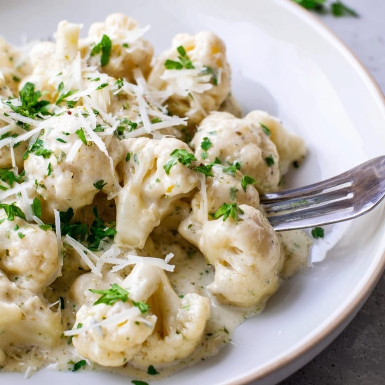 Close-up of Alfredo Cauliflower Garlic Skillet: a cheesy, aromatic, and gluten-free vegetarian delight.