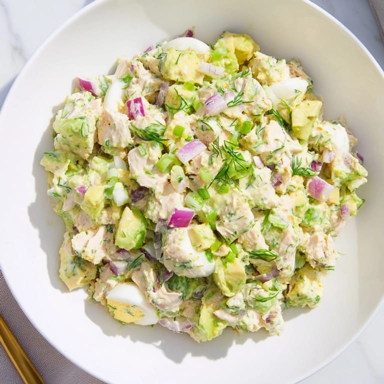 Hearty, flavorful Avocado Ranch Tuna Egg Salad with avocado chunks and a vibrant dressing.