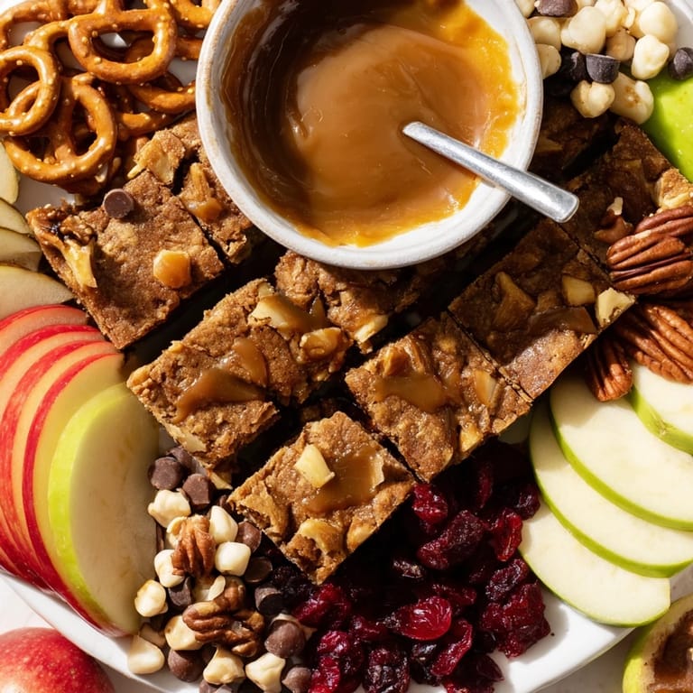 Autumn-inspired Caramel Apple Blondie Charcuterie Board featuring fresh apples and sweet treats.