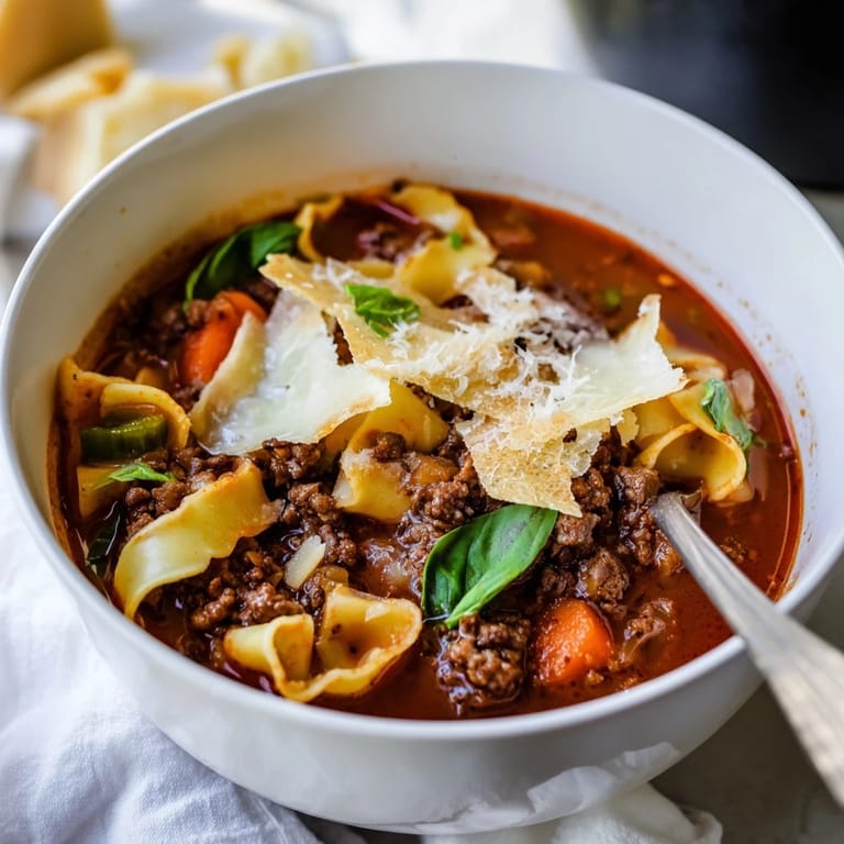 Comforting bowl of Lasagne Soup, enhanced by rich flavors and crispy cheese.