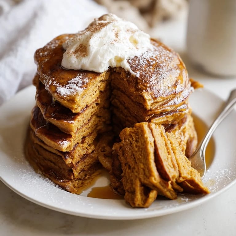 Warm and inviting Gingerbread Pumpkin Muffin Pancakes served with whipped cream and spices.  
