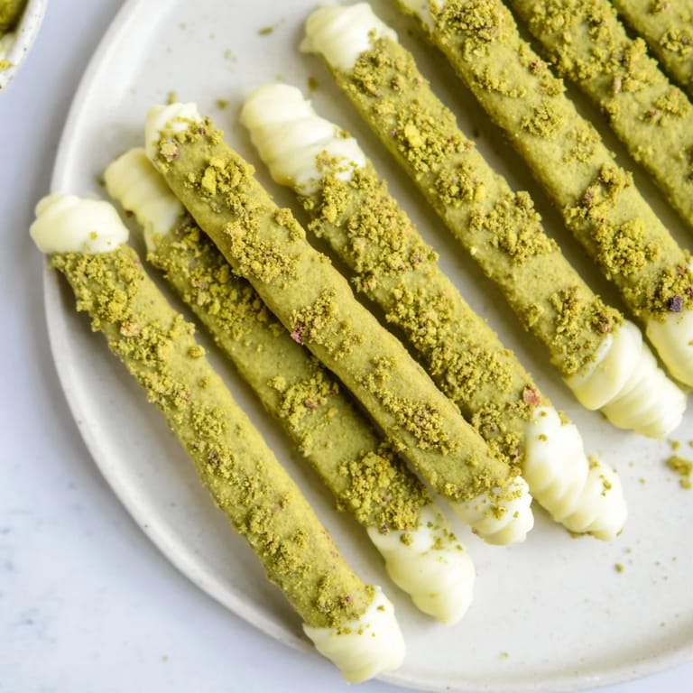 Elegant matcha cookie sticks, adorned with white chocolate and raspberries, ideal for snacking.