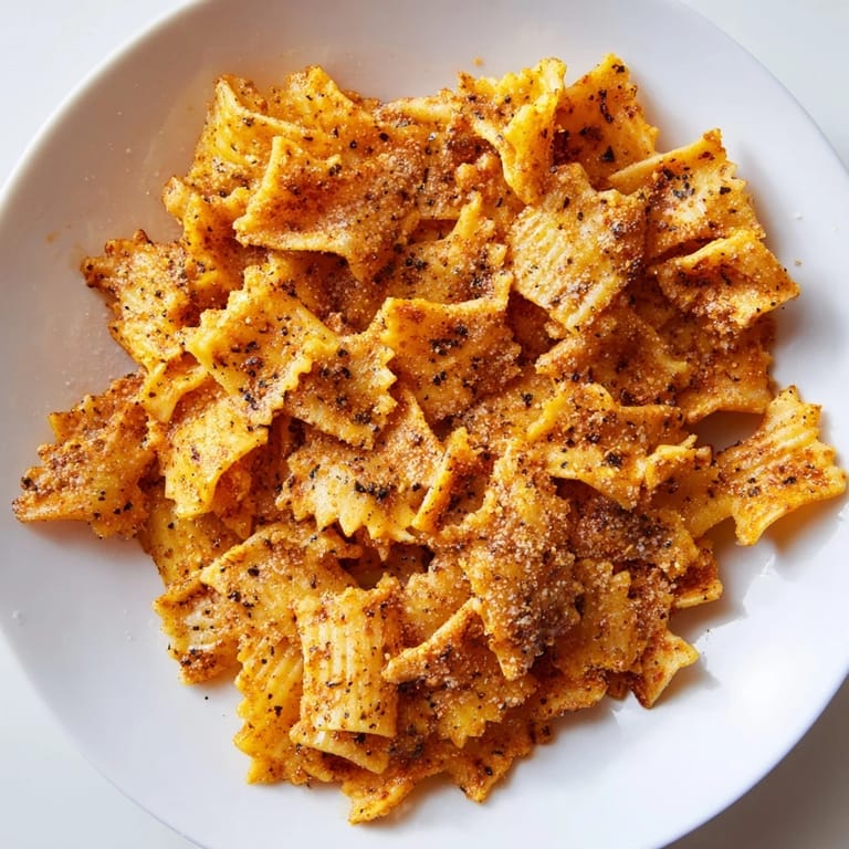Golden-brown pasta chips seasoned with garlic and smoked paprika for a flavorful snack.  