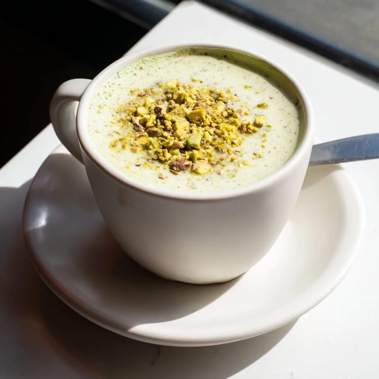 Homemade pistachio milk latte, a nutty morning delight for coffee lovers.  