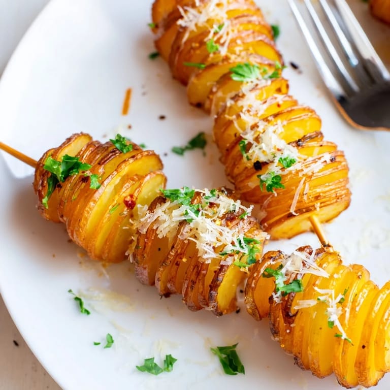 Golden, spiral Air-Fryer Tornado Potatoes garnished with parsley and Parmesan cheese.  