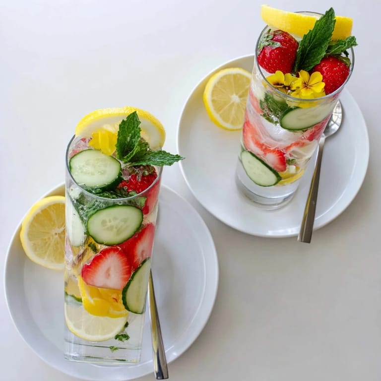 Delicious Water-Based Mocktails with colorful cucumber and strawberries on ice.  
