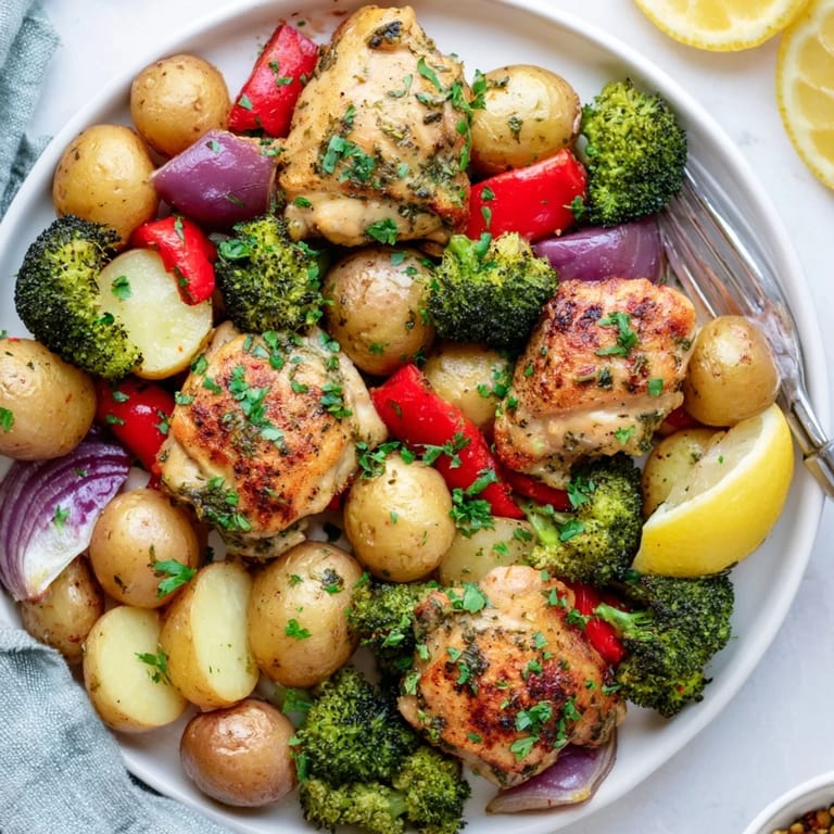 Satisfying Lazy Gourmet Chicken & Vegetable One-Pot served with fresh parsley and lemon wedges.