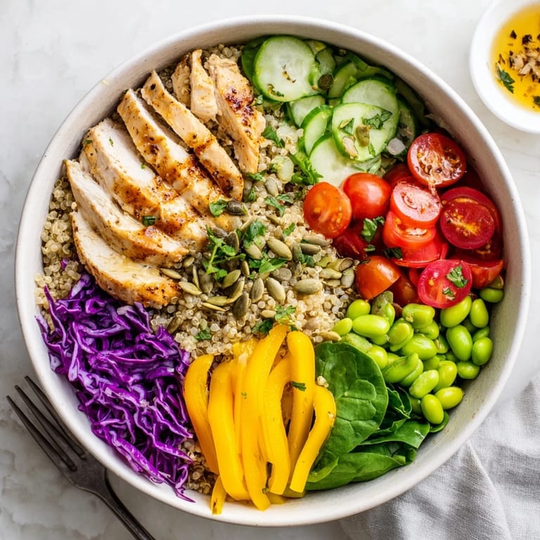 Colorful healthy meal-prep bowls with grilled chicken and zesty dressing on top.  